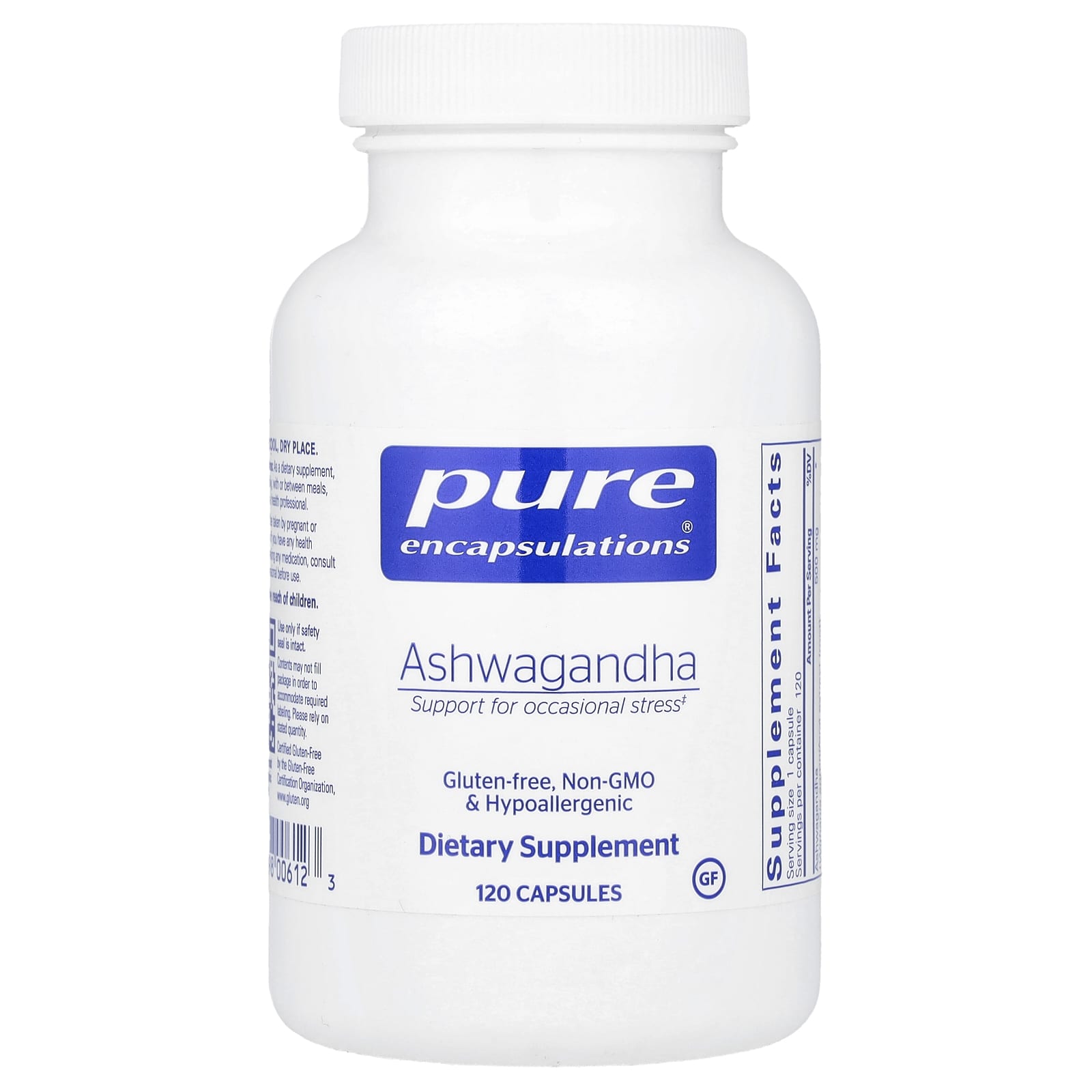 Pure Encapsulations, Ashwagandha 500 mg, 120 Capsules UPC 766298006123 | HiLife Vitamins