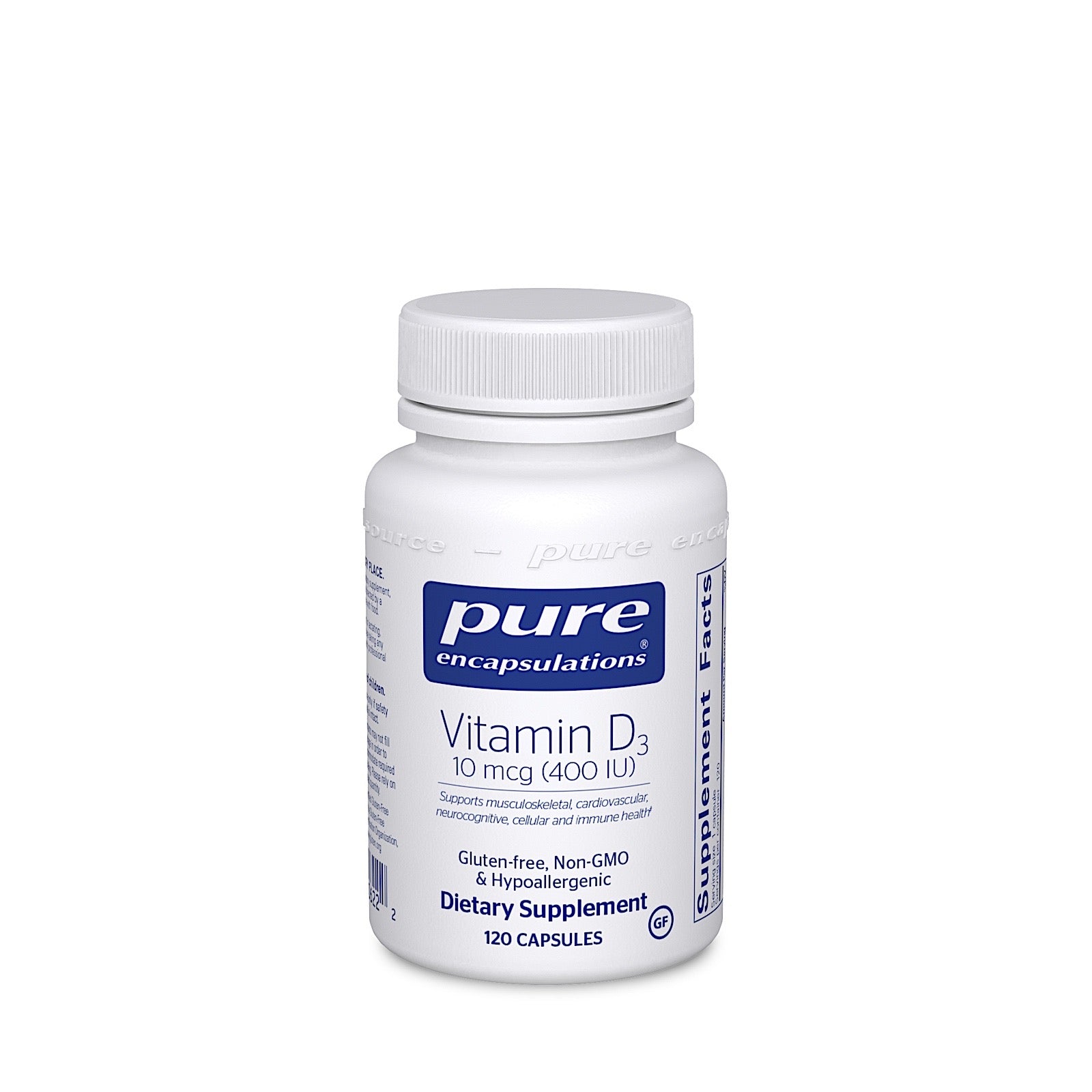 Pure Encapsulations, Vitamin D3 10 mcg 400 IU, 120 Capsules UPC 766298006222 | HiLife Vitamins