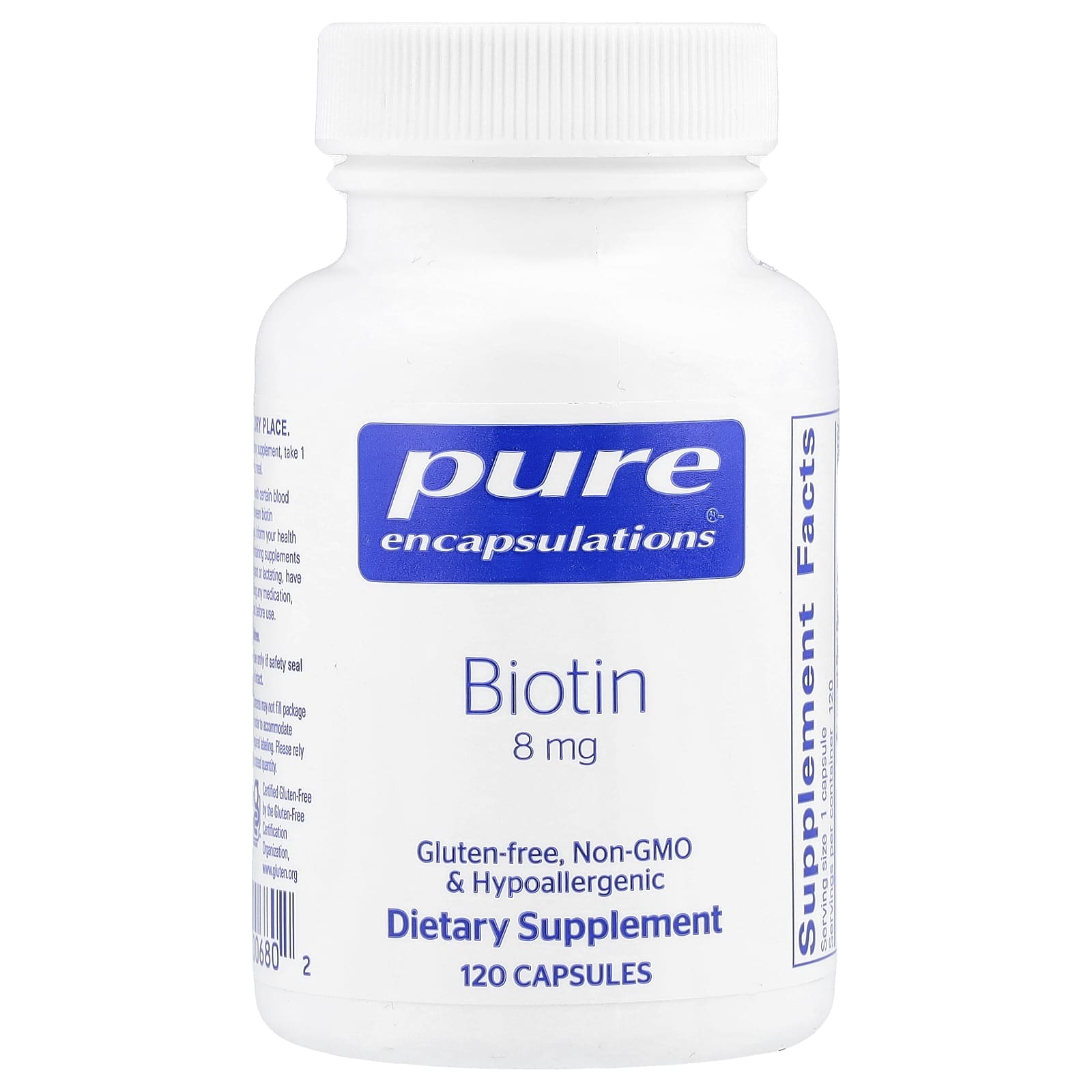 Pure Encapsulations, Biotin 8 mg, 120 Capsules UPC 766298006802 | HiLife Vitamins