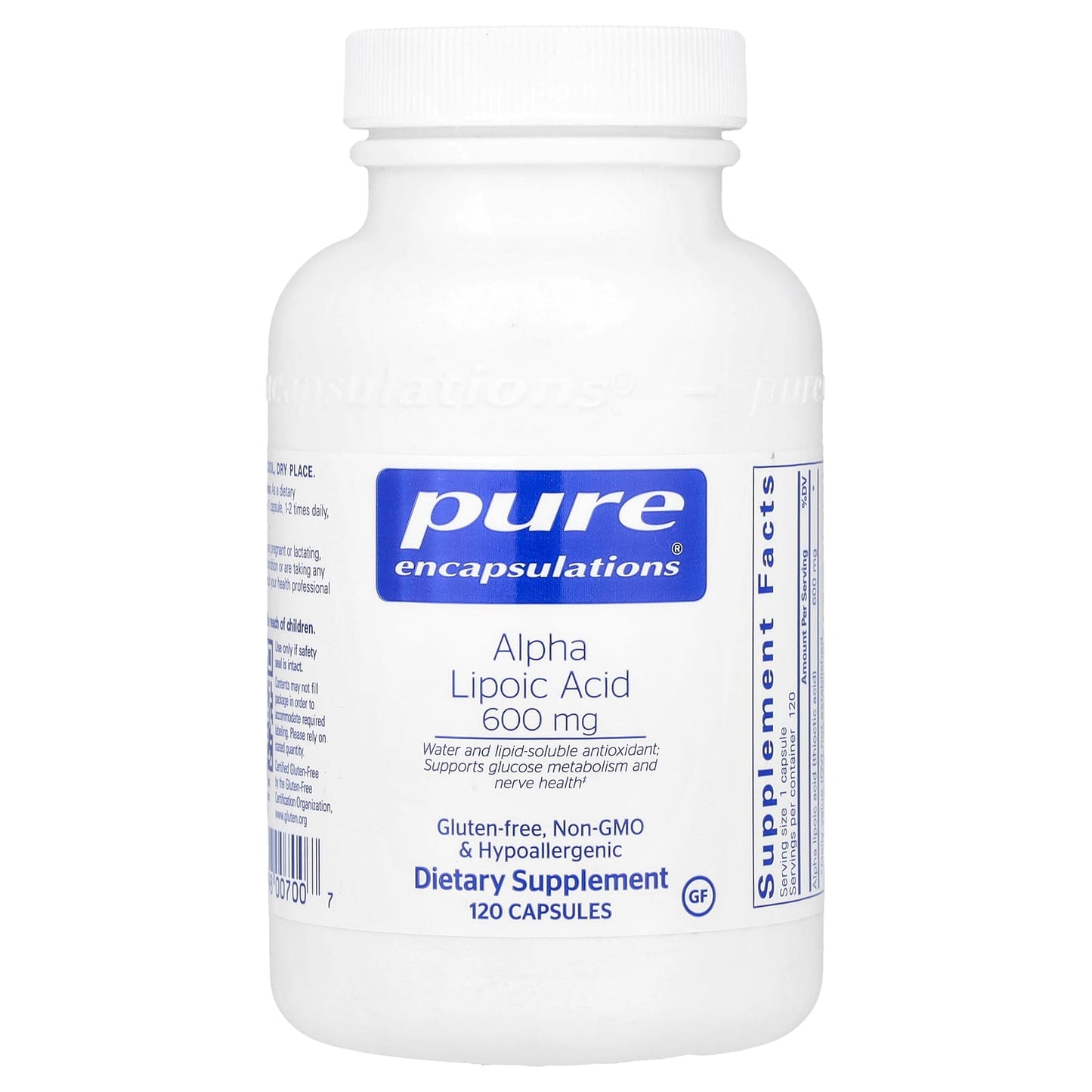 Pure Encapsulations, Alpha Lipoic Acid 600 mg, 120 Capsules UPC 766298007007 | HiLife Vitamins