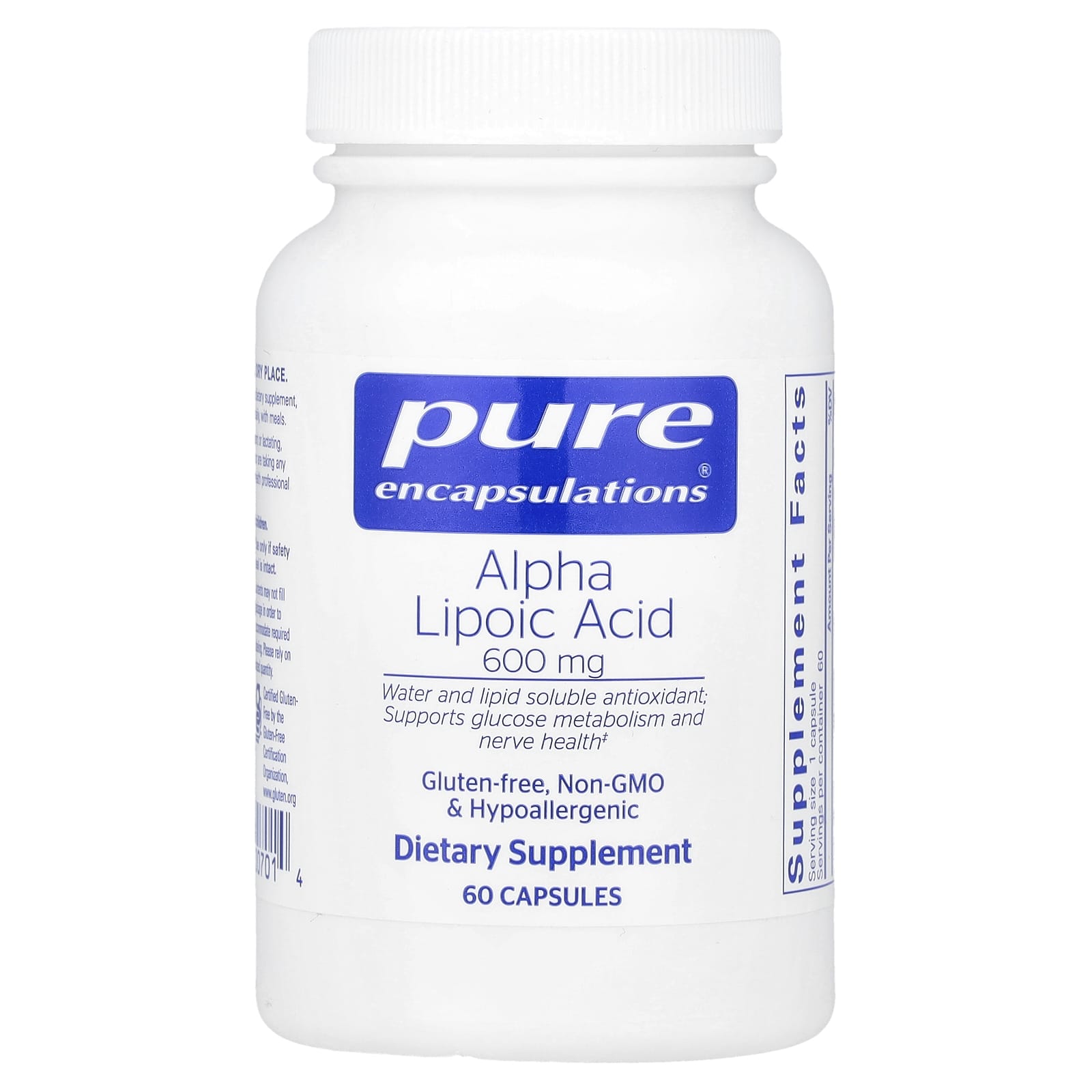 Pure Encapsulations, Alpha Lipoic Acid 600 mg, 60 Capsules UPC 766298007014 | HiLife Vitamins