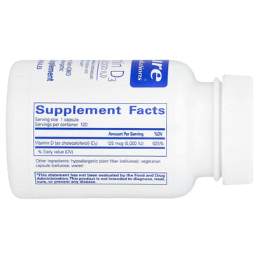 Pure Encapsulations, Vitamin D3 125 mcg 5000 IU, 120 Capsules UPC 766298008165 | HiLife Vitamins