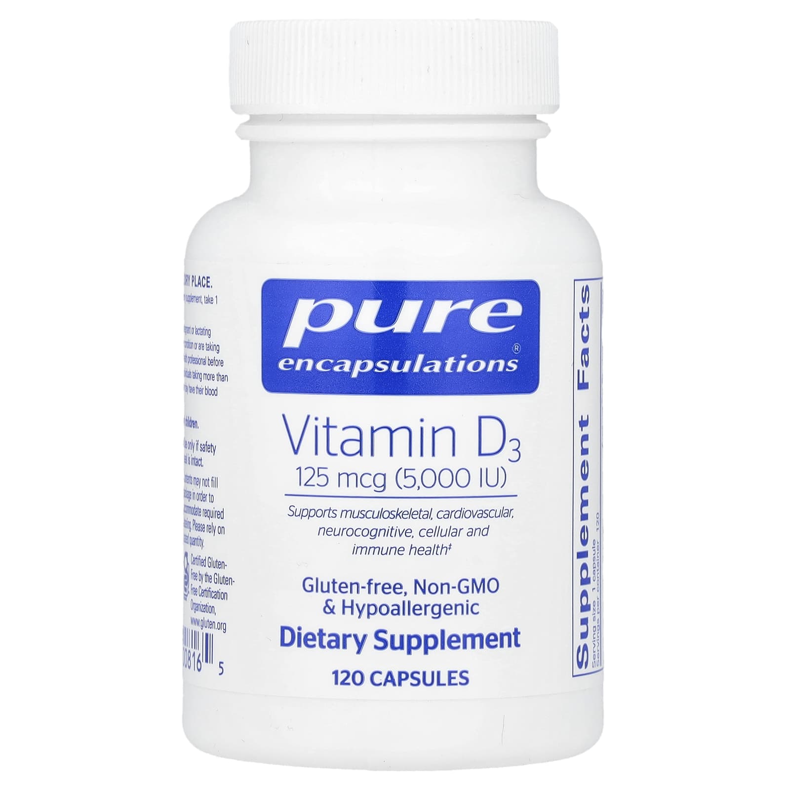 Pure Encapsulations, Vitamin D3 125 mcg 5000 IU, 120 Capsules UPC 766298008165 | HiLife Vitamins