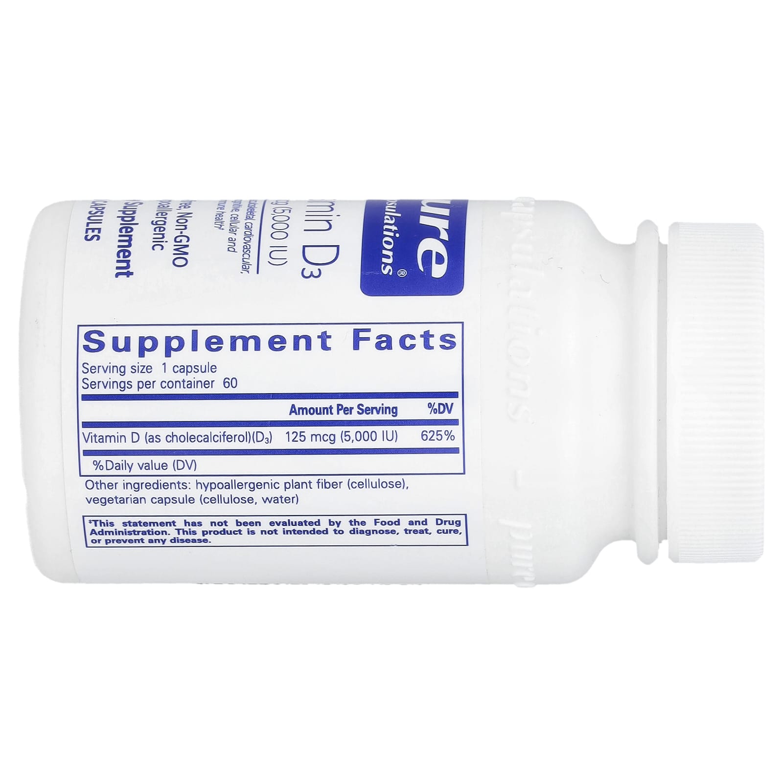 Pure Encapsulations, Vitamin D3 125 mcg 5000 IU, 60 Capsules UPC 766298008172 | HiLife Vitamins