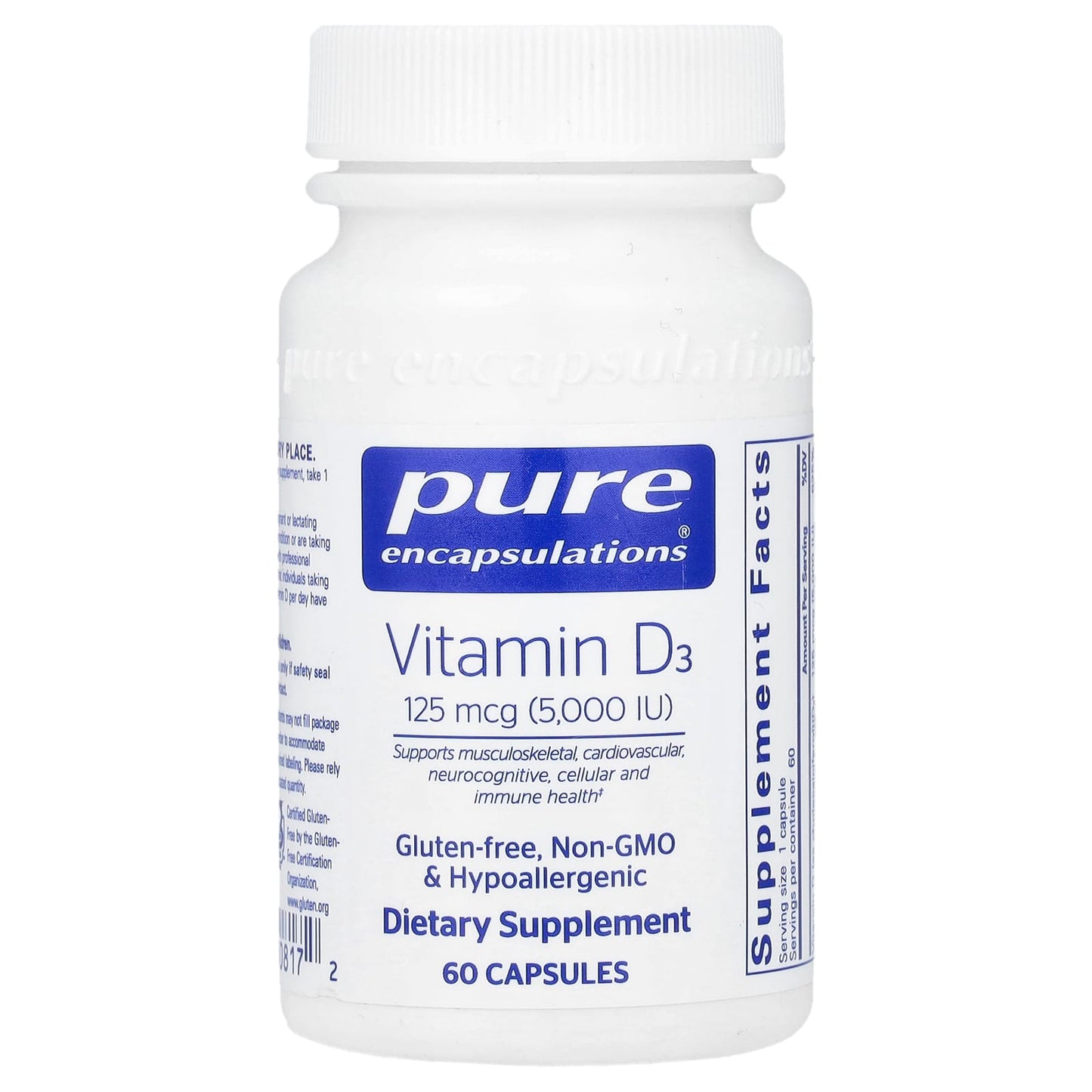 Pure Encapsulations, Vitamin D3 125 mcg 5000 IU, 60 Capsules UPC 766298008172 | HiLife Vitamins