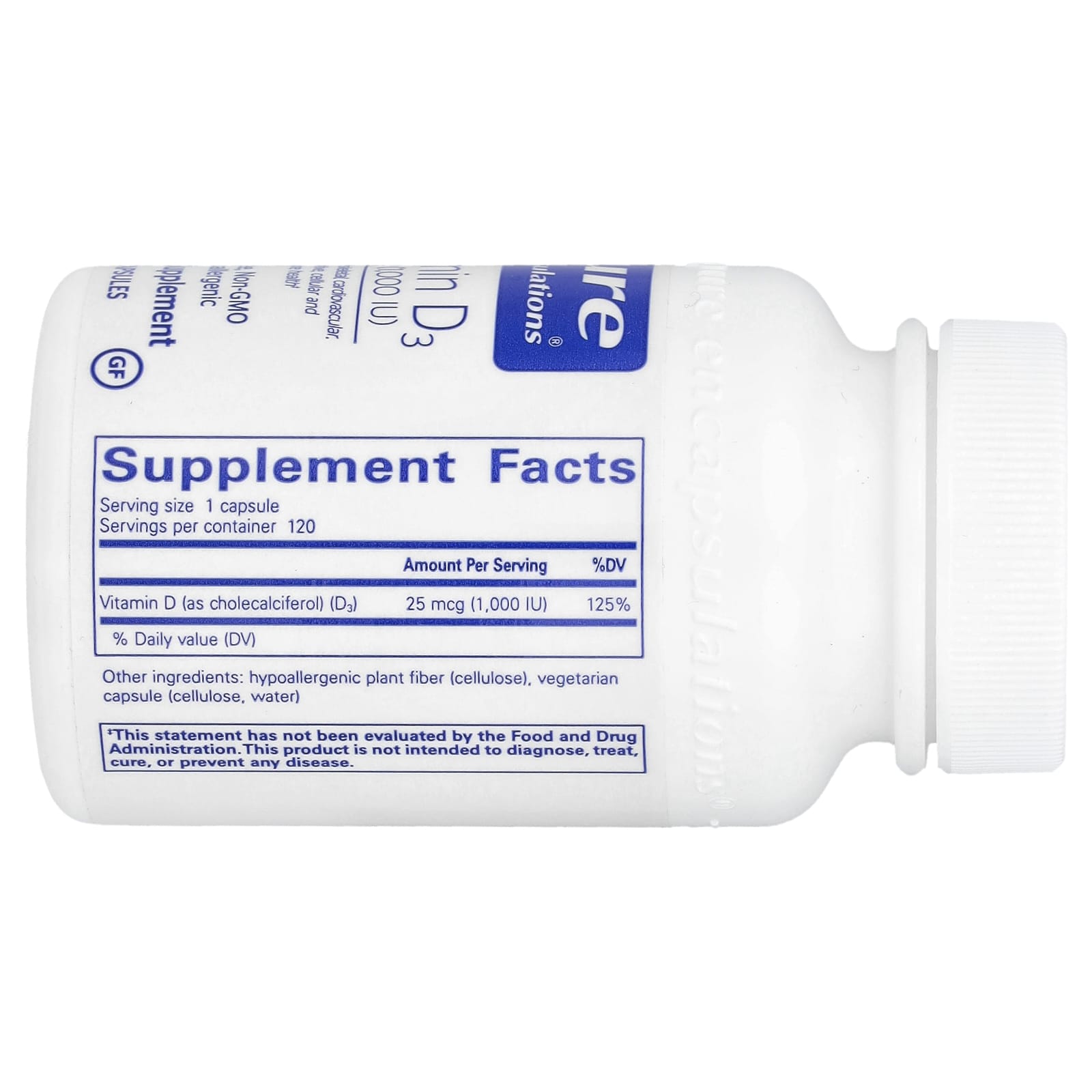 Pure Encapsulations, Vitamin D3 25 mcg 1,000 IU, 120 Capsules UPC 766298008189 | HiLife Vitamins