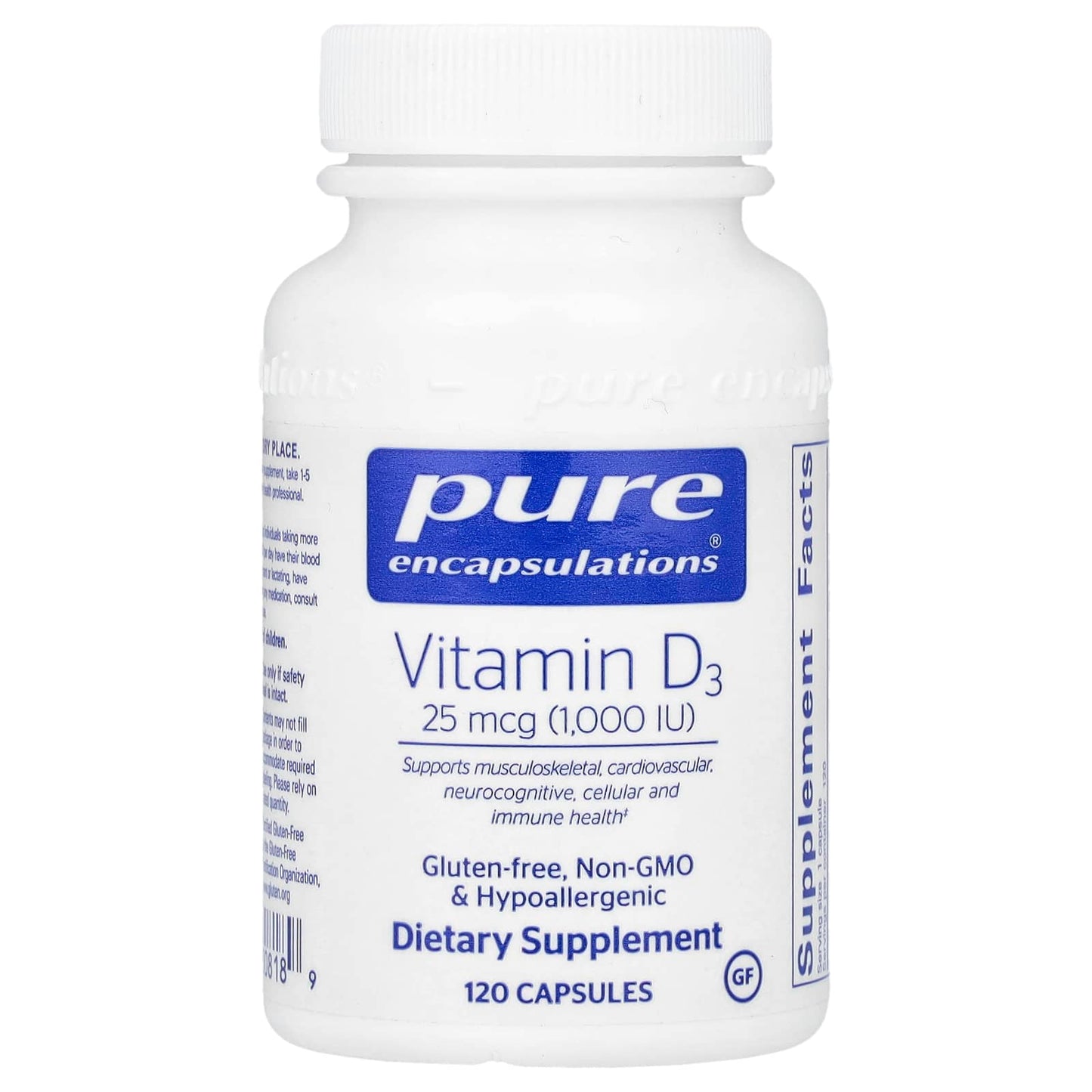 Pure Encapsulations, Vitamin D3 25 mcg 1,000 IU, 120 Capsules UPC 766298008189 | HiLife Vitamins