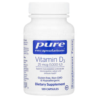 Pure Encapsulations, Vitamin D3 25 mcg 1,000 IU, 120 Capsules UPC 766298008189 | HiLife Vitamins