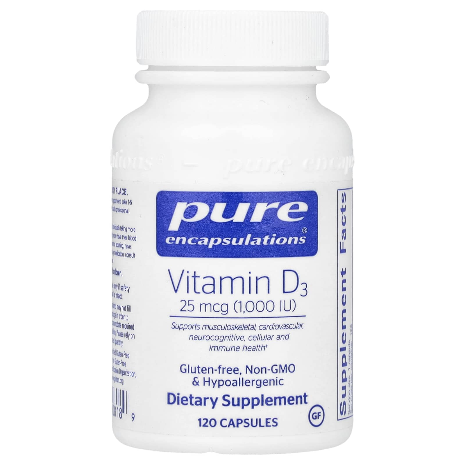 Pure Encapsulations, Vitamin D3 25 mcg 1,000 IU, 120 Capsules UPC 766298008189 | HiLife Vitamins