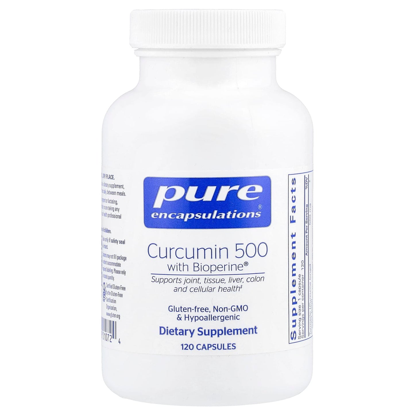 Pure Encapsulations, Curcumin 500 W/ Bioperine, 120 Capsules - 766298010724 | Hilife Vitamins