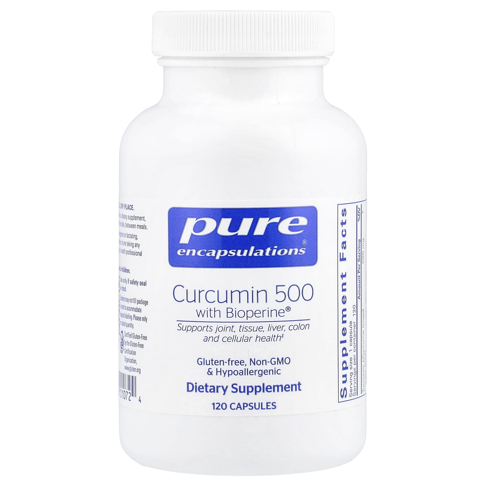 Pure Encapsulations, Curcumin 500 W/ Bioperine, 120 Capsules - 766298010724 | Hilife Vitamins