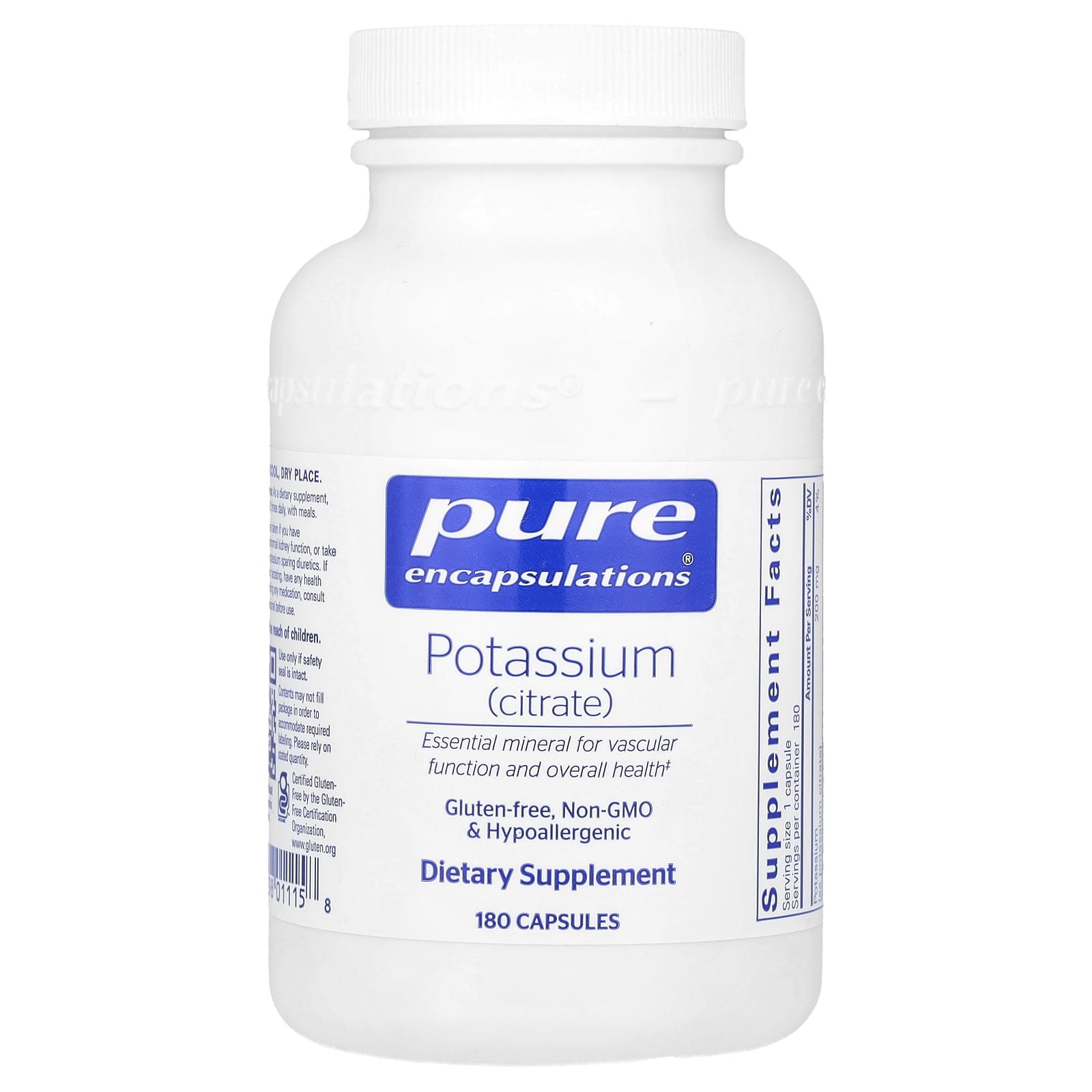 Pure Encapsulations, Potassium Citrate, 180 Capsules UPC 766298011158 | HiLife Vitamins