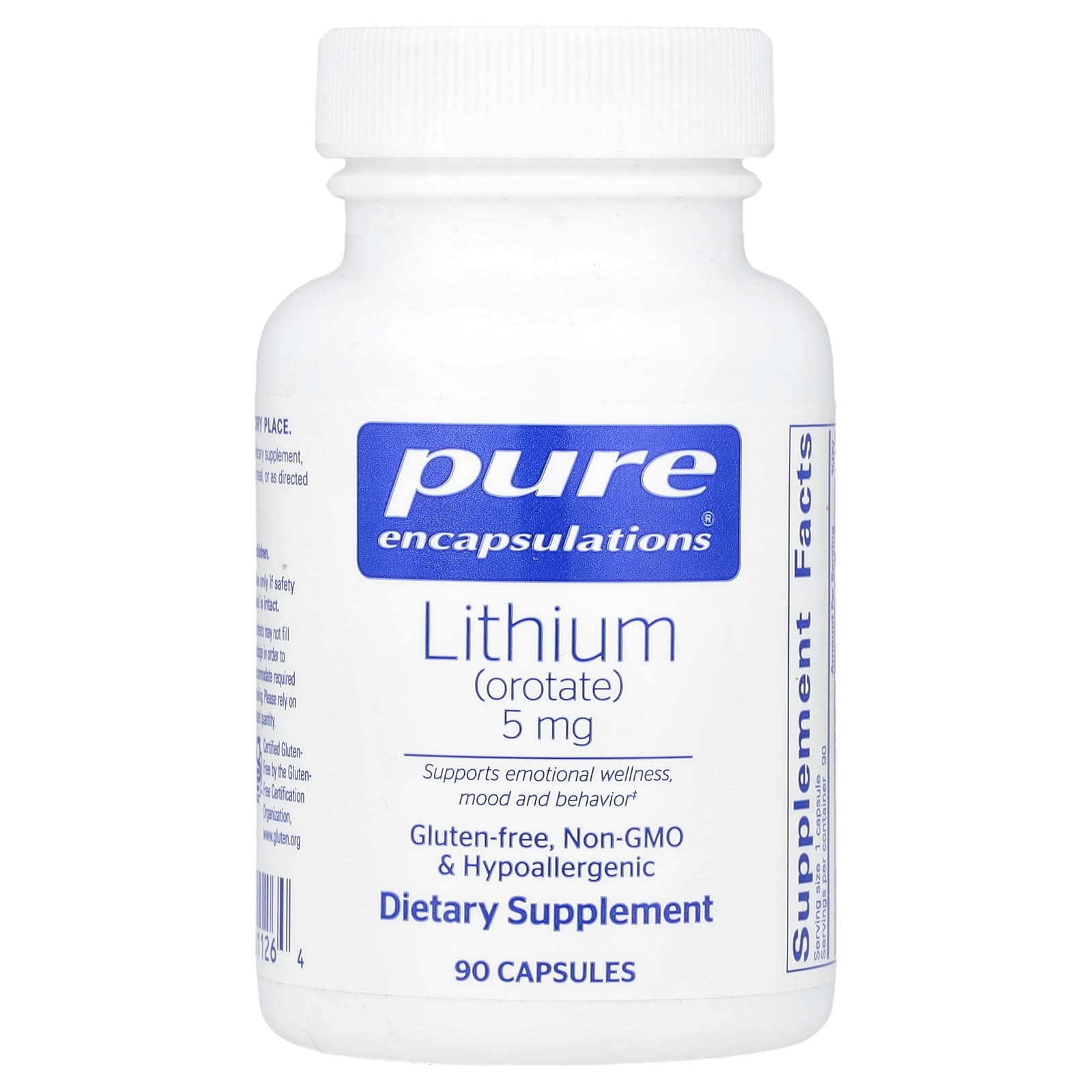 Pure Encapsulations, Lithium Orotate 5 mg, 90 Capsules UPC 766298011264 | HiLife Vitamins