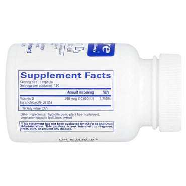 Pure Encapsulations, Vitamin D3 250 mcg 10,000 IU, 120 Capsules UPC 766298011950 | HiLife Vitamins