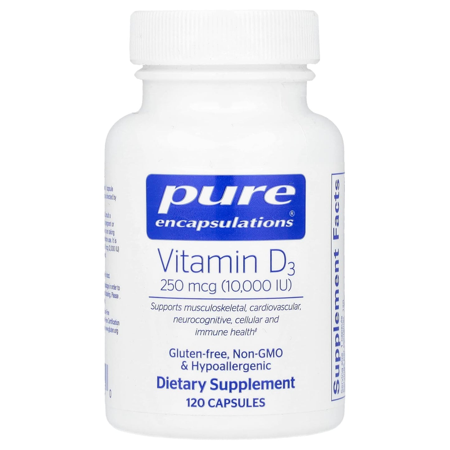 Pure Encapsulations, Vitamin D3 250 mcg 10,000 IU, 120 Capsules UPC 766298011950 | HiLife Vitamins