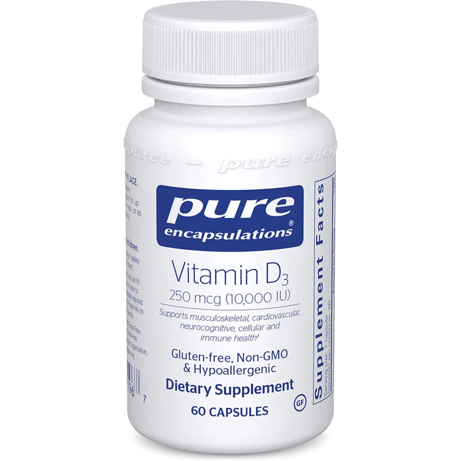 Pure Encapsulations, Vitamin D3 250 mcg 10,000 IU, 60 Capsules UPC 766298011967 | HiLife Vitamins