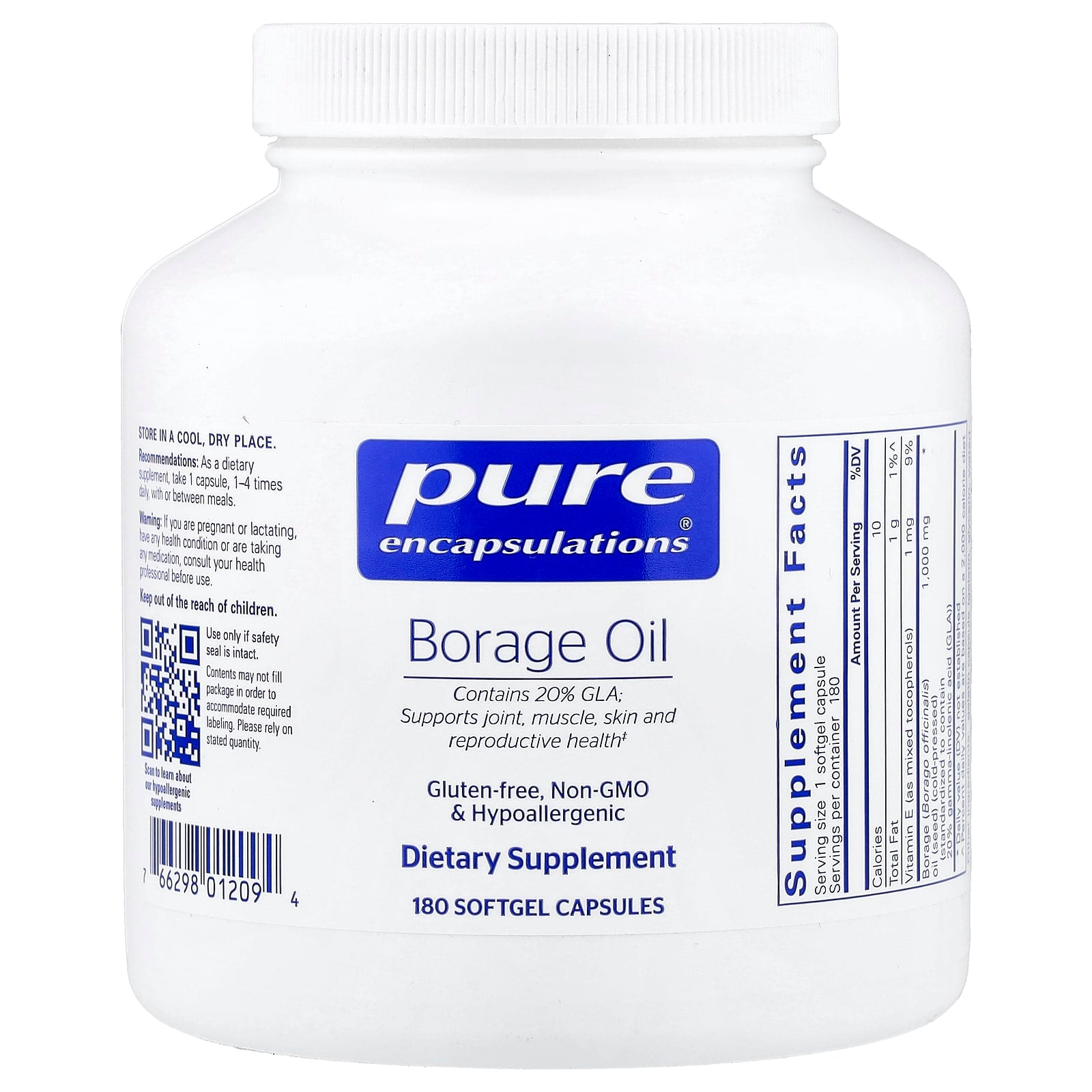 Pure Encapsulations, Borage Oil, 180 Softgel Capsules UPC 766298012094 | Hilife Vitamins