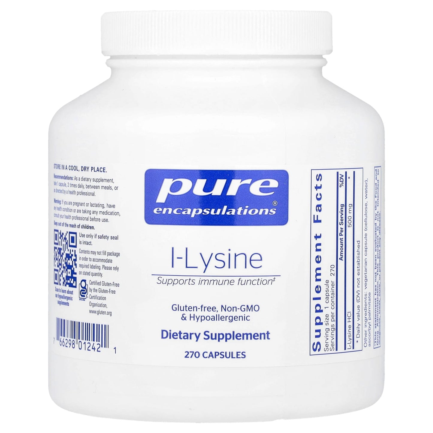 Pure Encapsulations, L-Lysine 500 mg, 270 Capsules UPC 766298012421 | HiLife Vitamins