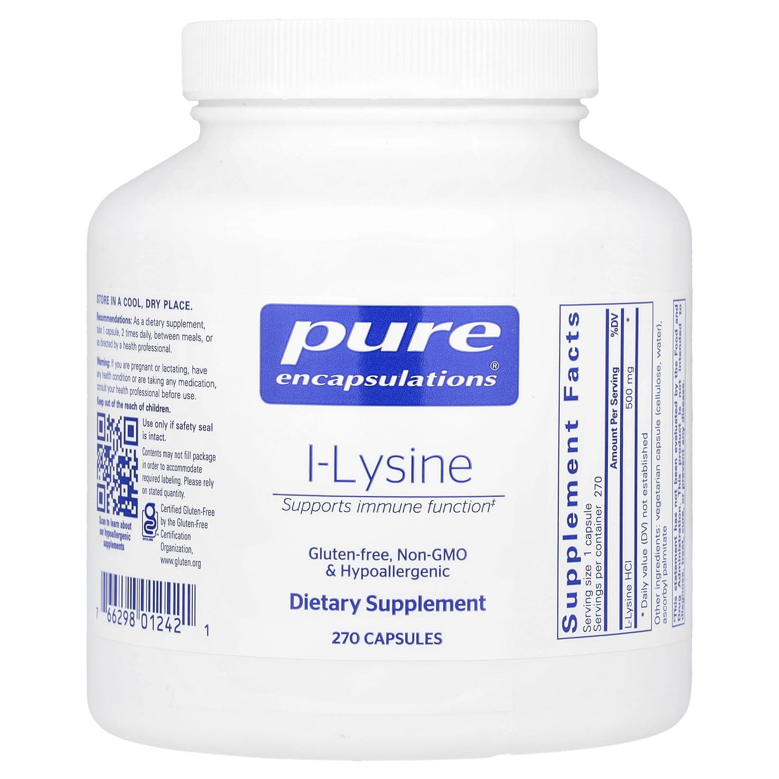 Pure Encapsulations, L-Lysine 500 mg, 270 Capsules UPC 766298012421 | HiLife Vitamins