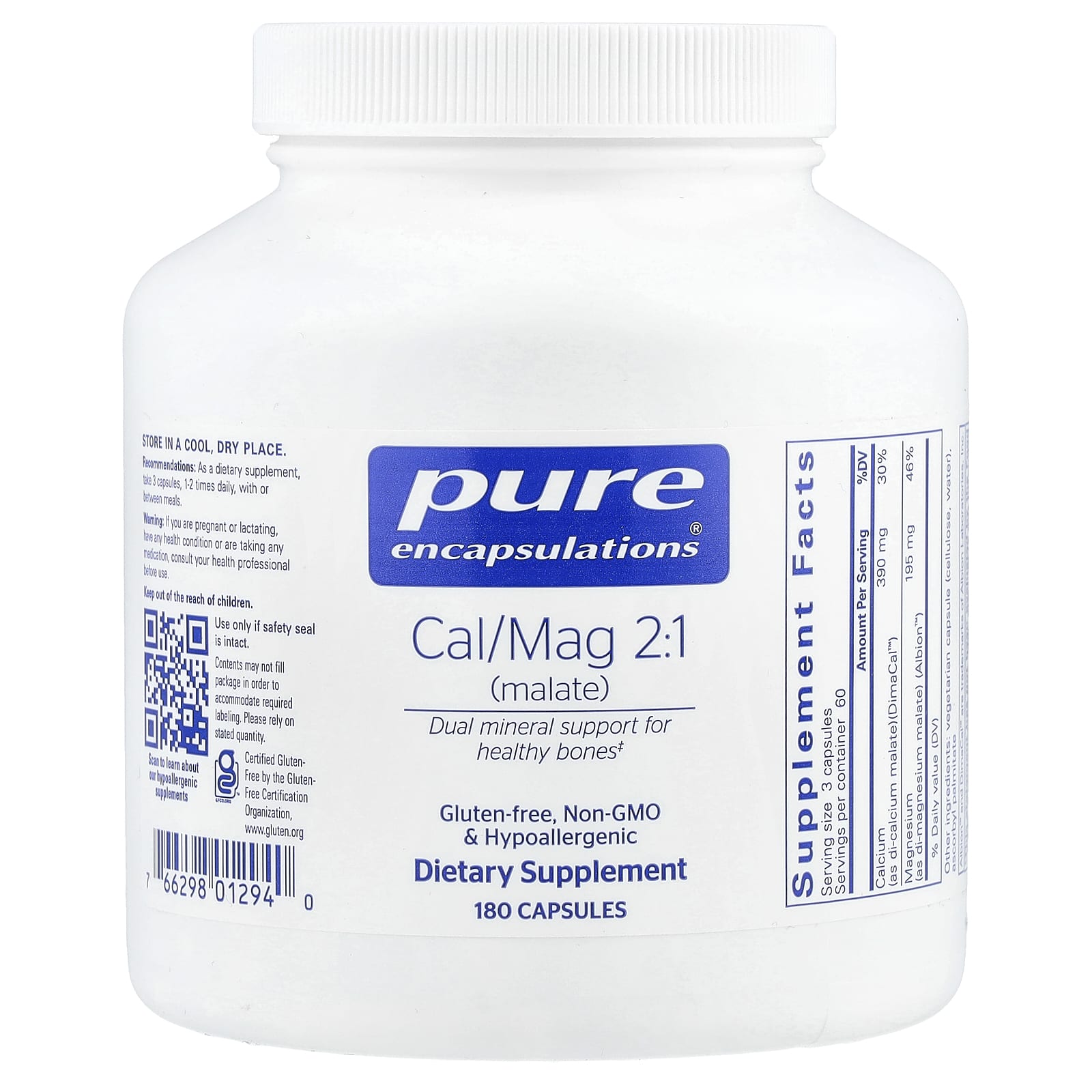Pure Encapsulations, Calcium Magnesium (malate) 2:1, 180 Capsules UPC 766298012940 | HiLife Vitamins