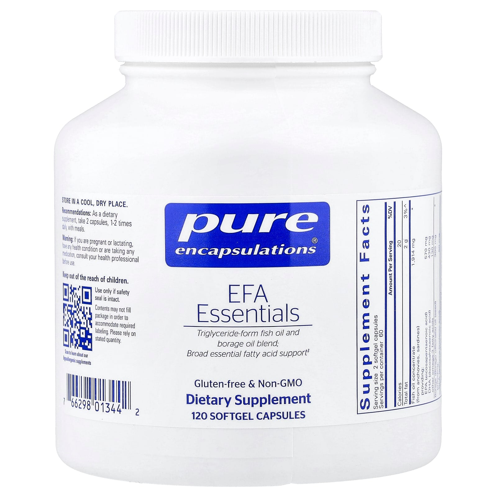 Pure Encapsulations, EFA Essentials, 120 Softgels UPC 766298013442 | Hilife Vitamins