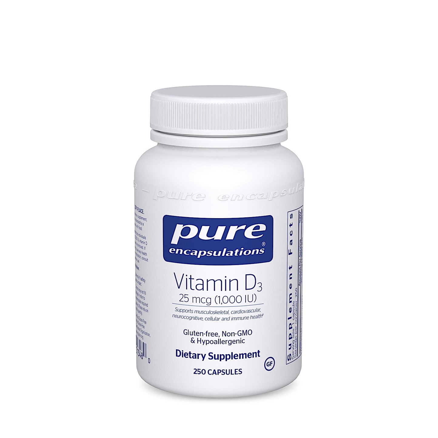 Pure Encapsulations, Vitamin D3 25 mcg 1,000 IU, 250 Capsules UPC 766298013480 | HiLife Vitamins
