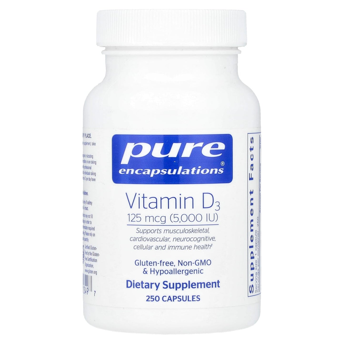 Pure Encapsulations, Vitamin D3 125 mcg 5,000 IU, 250 Capsules UPC 766298013497 | HiLife Vitamins