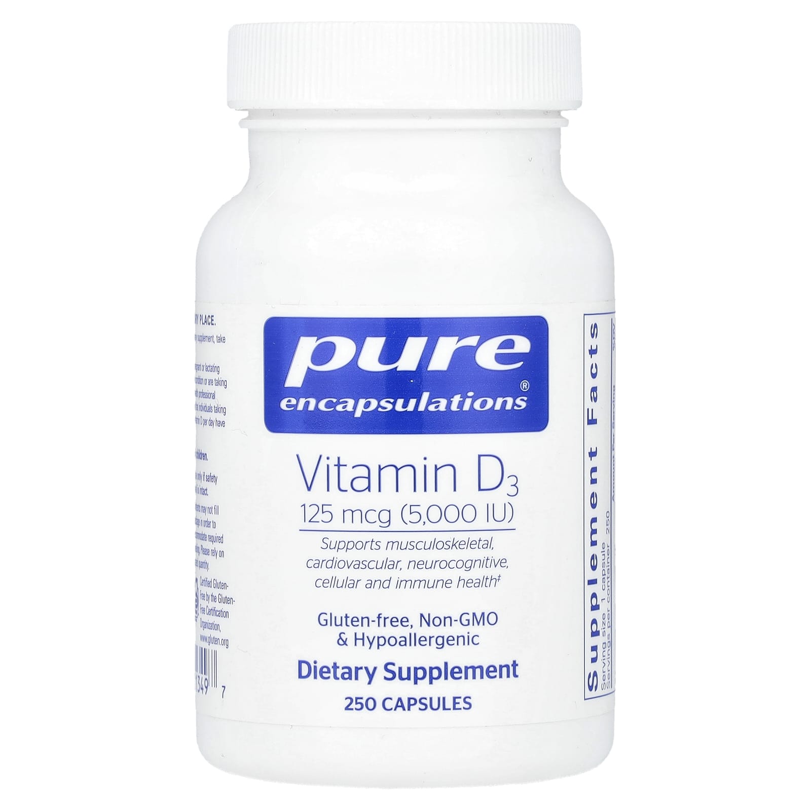 Pure Encapsulations, Vitamin D3 125 mcg 5,000 IU, 250 Capsules UPC 766298013497 | HiLife Vitamins
