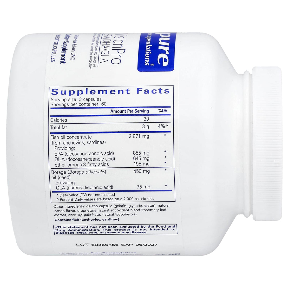 Pure Encapsulations, VisionPro EPA/DHA/GLA, 180 Softgels UPC 766298013619 | Hilife Vitamins