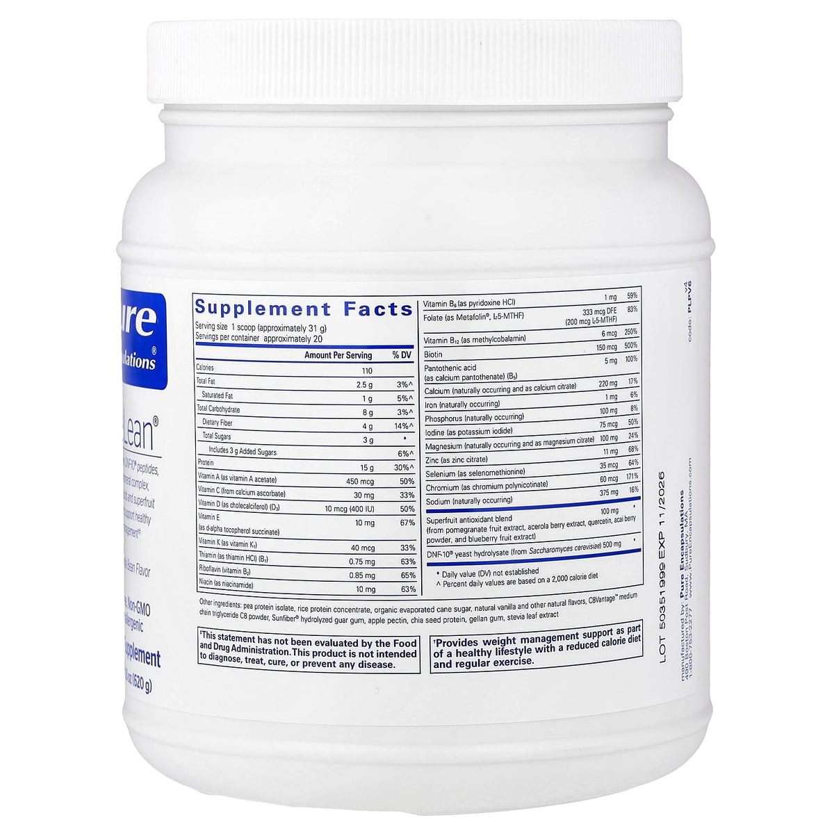 Pure Encapsulations, PureLean® Protein, 21.8 oz (620 g) UPC 766298022598 | Hilife Vitamins