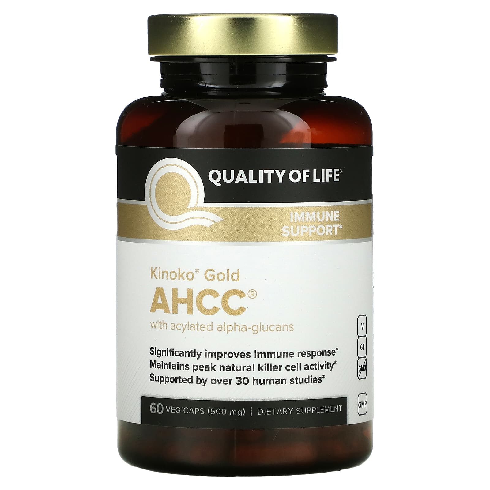 Quality Of Life, Kinoko Gold AHCC with Acylated Alpha-Glucans, 60 Vegicaps UPC 812259000027 | HiLife Vitamins
