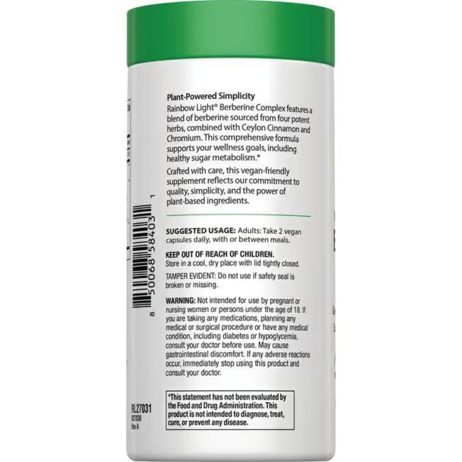 Rainbow Light, Natural Derived Berberine, 60 Vegan Capsules UPC 850068584031 | HiLife Vitamins