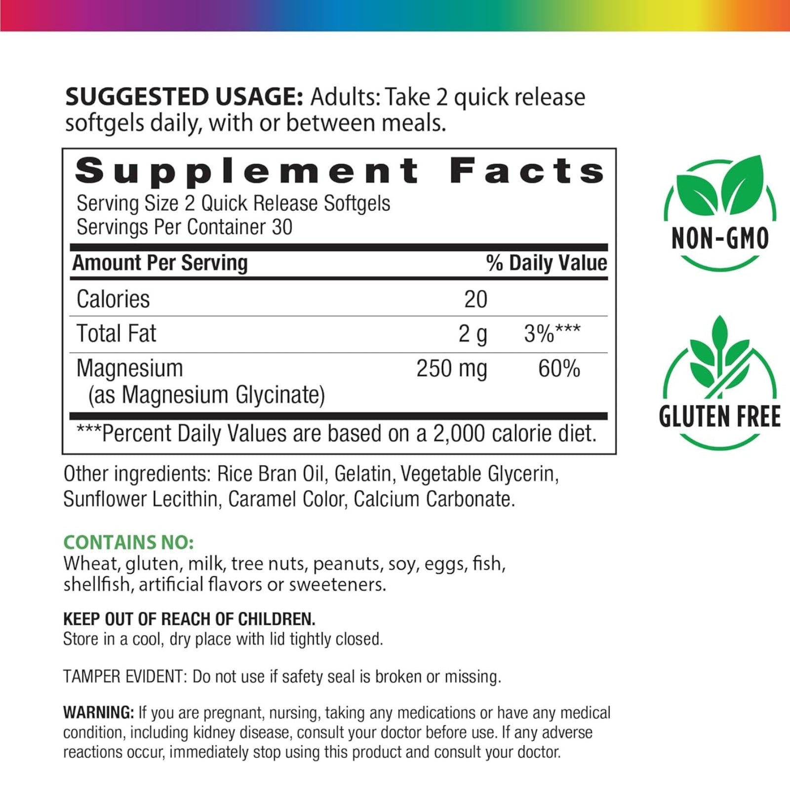 Rainbow Light, Magnesium Glycinate 250 mg, 60 Softgels UPC 850068584536 | HiLife Vitamins
