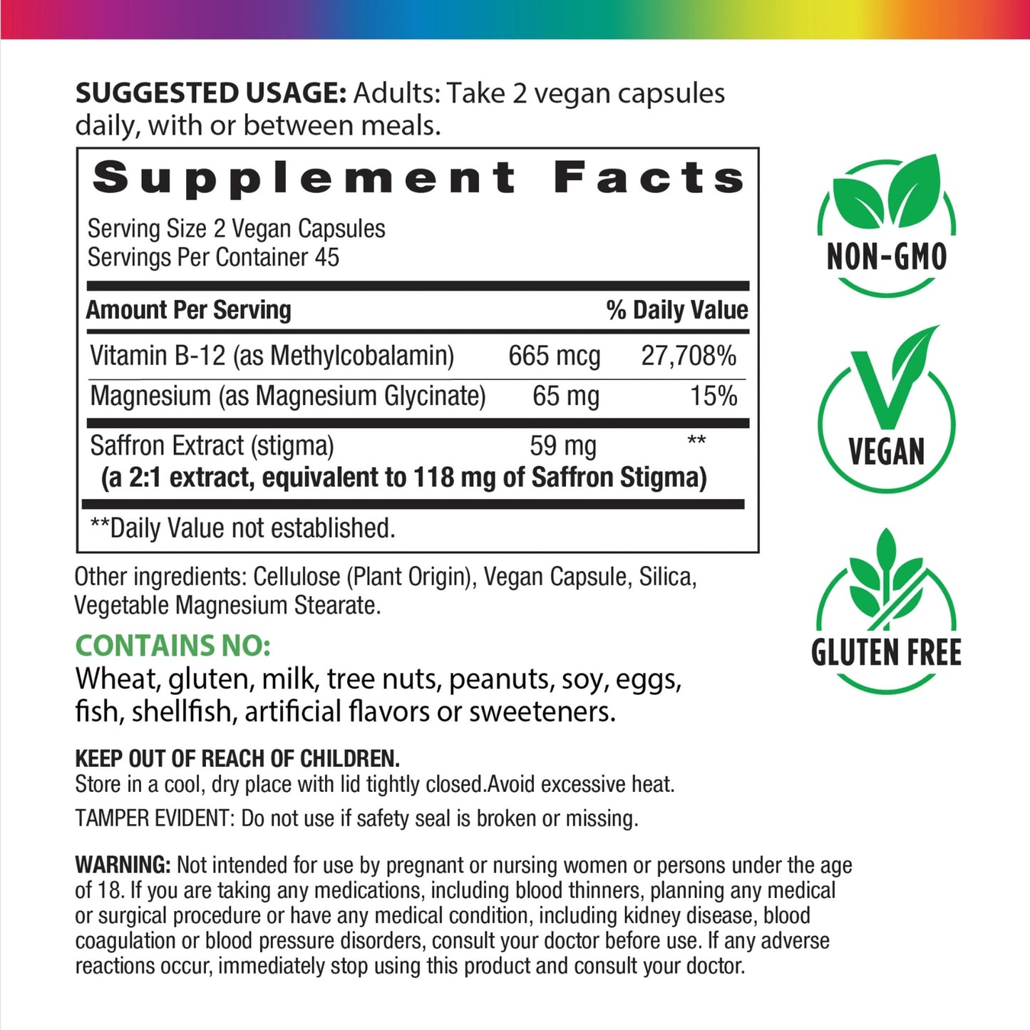 Rainbow Light, Saffron+ Magnesium Glycinate with B12, 90 Vegan Capsules UPC 850068584901 | HiLife Vitamins