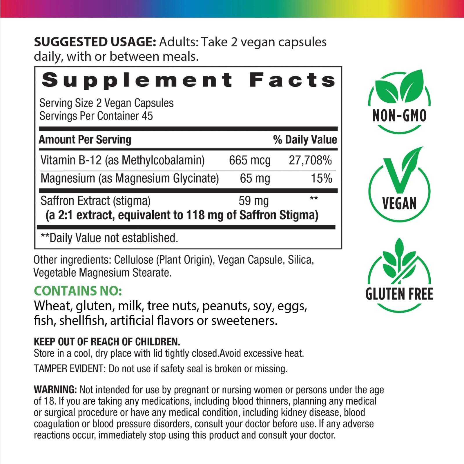 Rainbow Light, Saffron+ Magnesium Glycinate with B12, 90 Vegan Capsules UPC 850068584901 | HiLife Vitamins