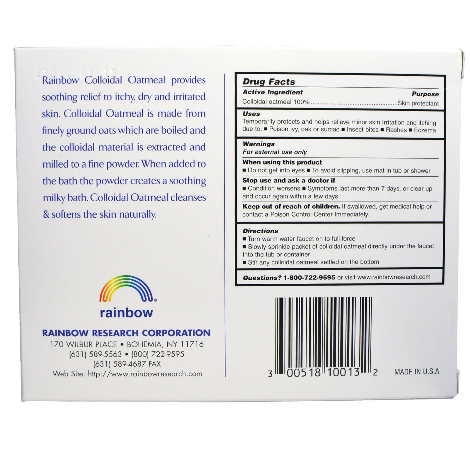 Rainbow Research, Colloidal Oatmeal Powder Bath, 3 UPC 300518100132 | Hilife Vitamins
