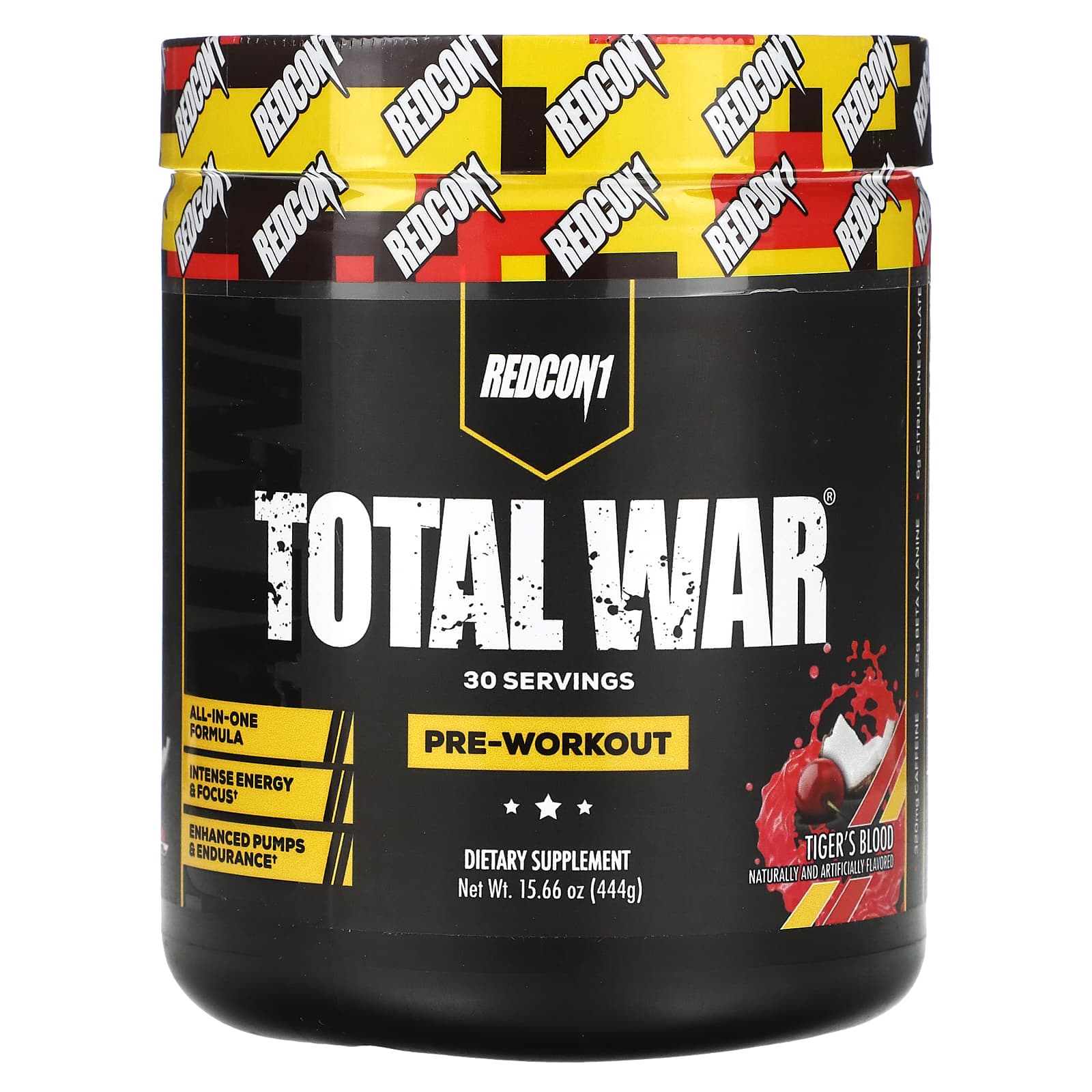 Redcon1, Total War, Pre-Workout, Tiger's Blood Cherry & Coconut, 15.66 oz (444 g) UPC 810044570236 | HiLife Vitamins
