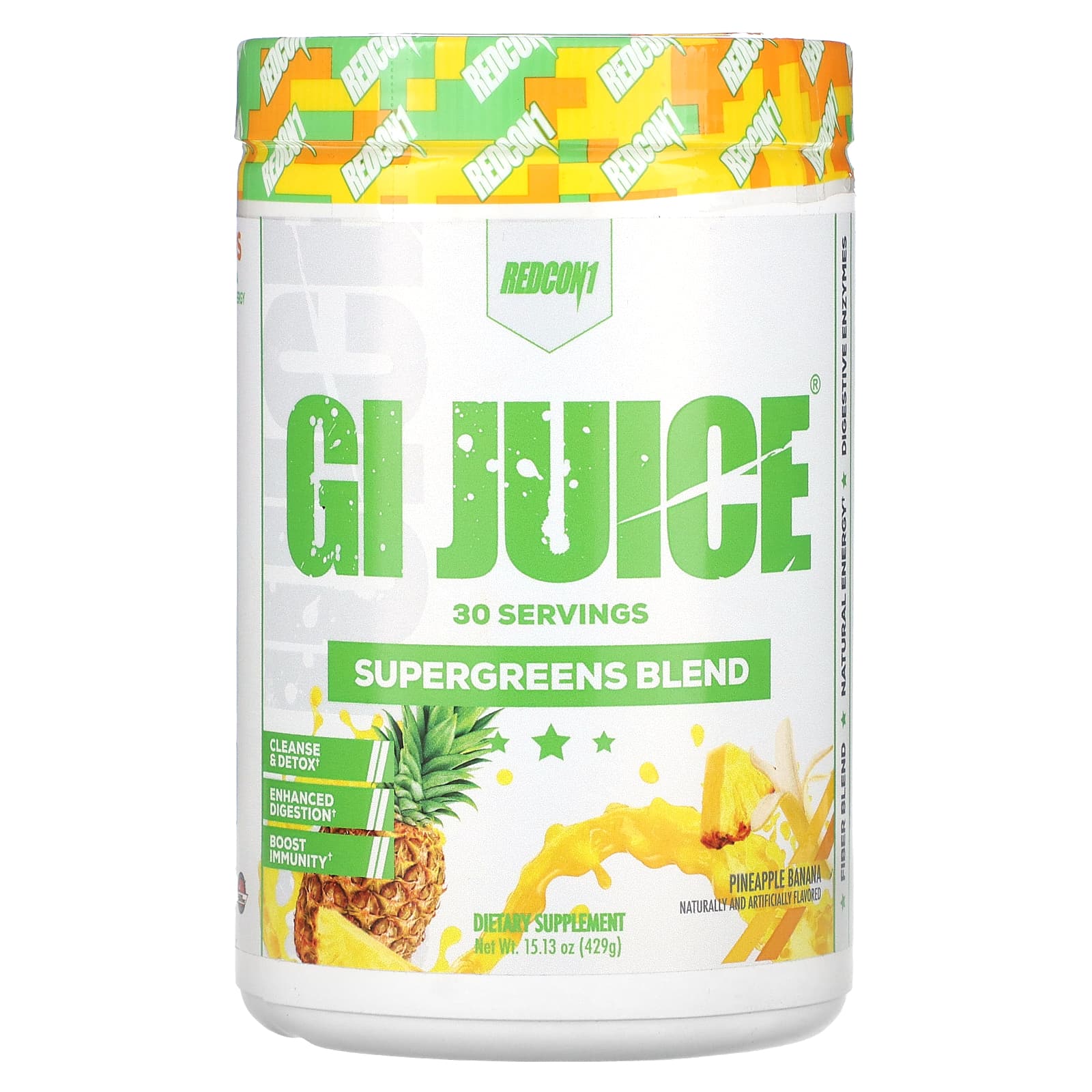 Redcon1, GI Juice, Supergreens Blend, Pineapple Banana, 15.13 oz (429 g) UPC 810044570731 | HiLife Vitamins