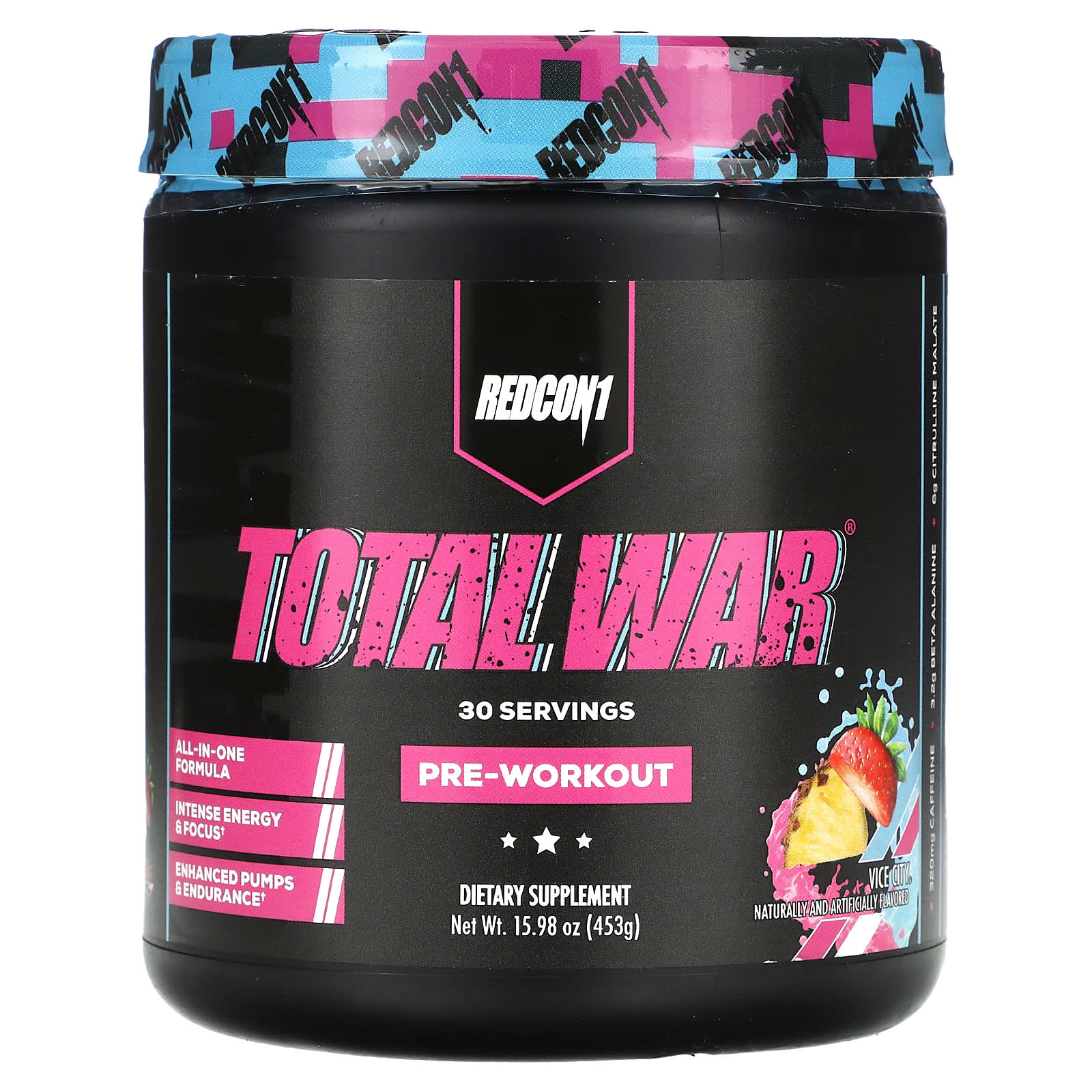 Redcon1, Total War, Pre-Workout, Vice City Strawberry Pina Colada, 15.98 oz (453 g) UPC 810044570991 | HiLife Vitamins