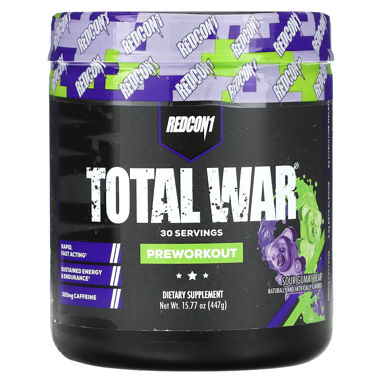 Redcon1, Total War, Preworkout, Sour Gummy Bear, 15.77 oz (447 g) UPC 850004759196 | HiLife Vitamins