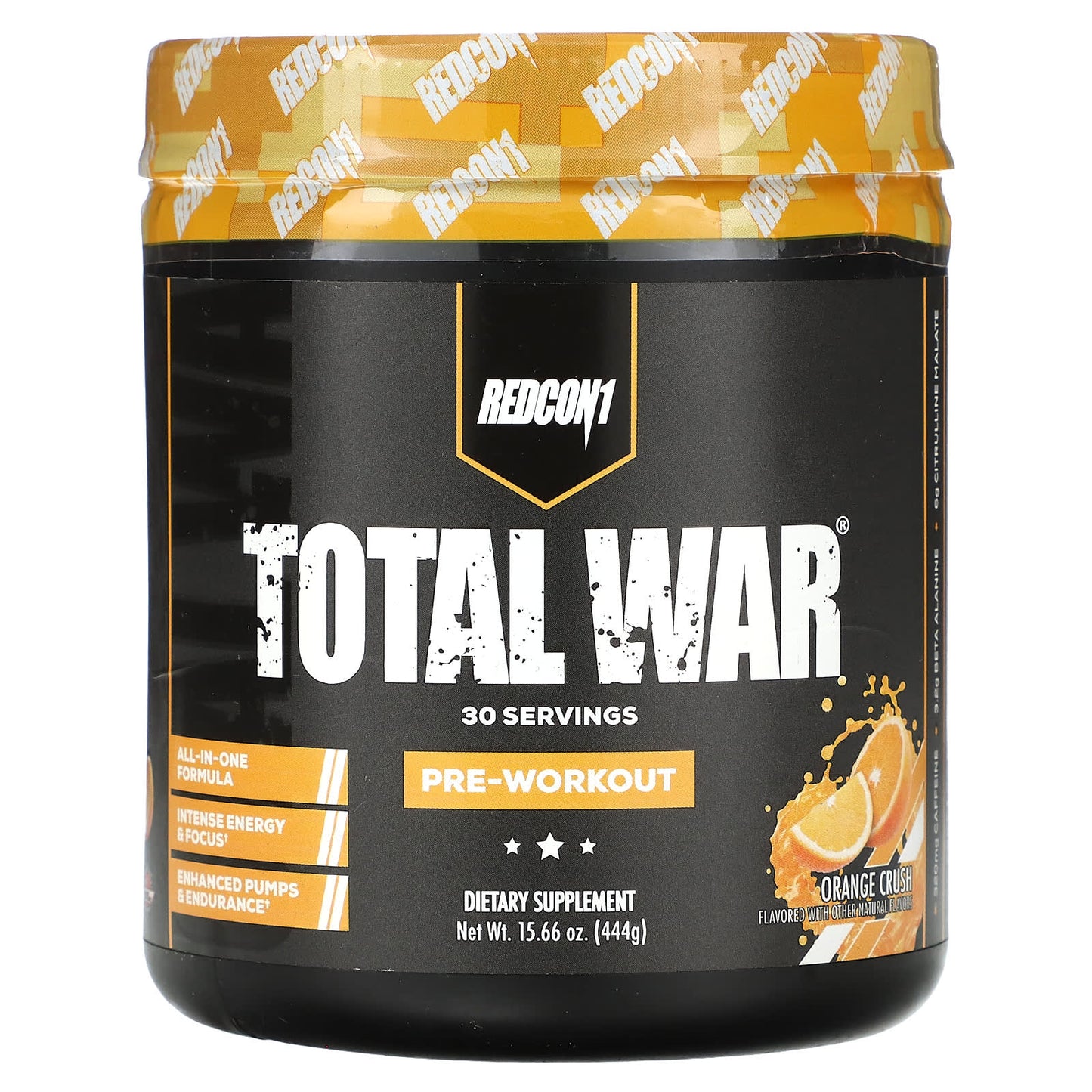 Redcon1, Total War, Pre-Workout, Orange Crush, 15.66 oz (444 g) UPC 850004759233 | HiLife Vitamins
