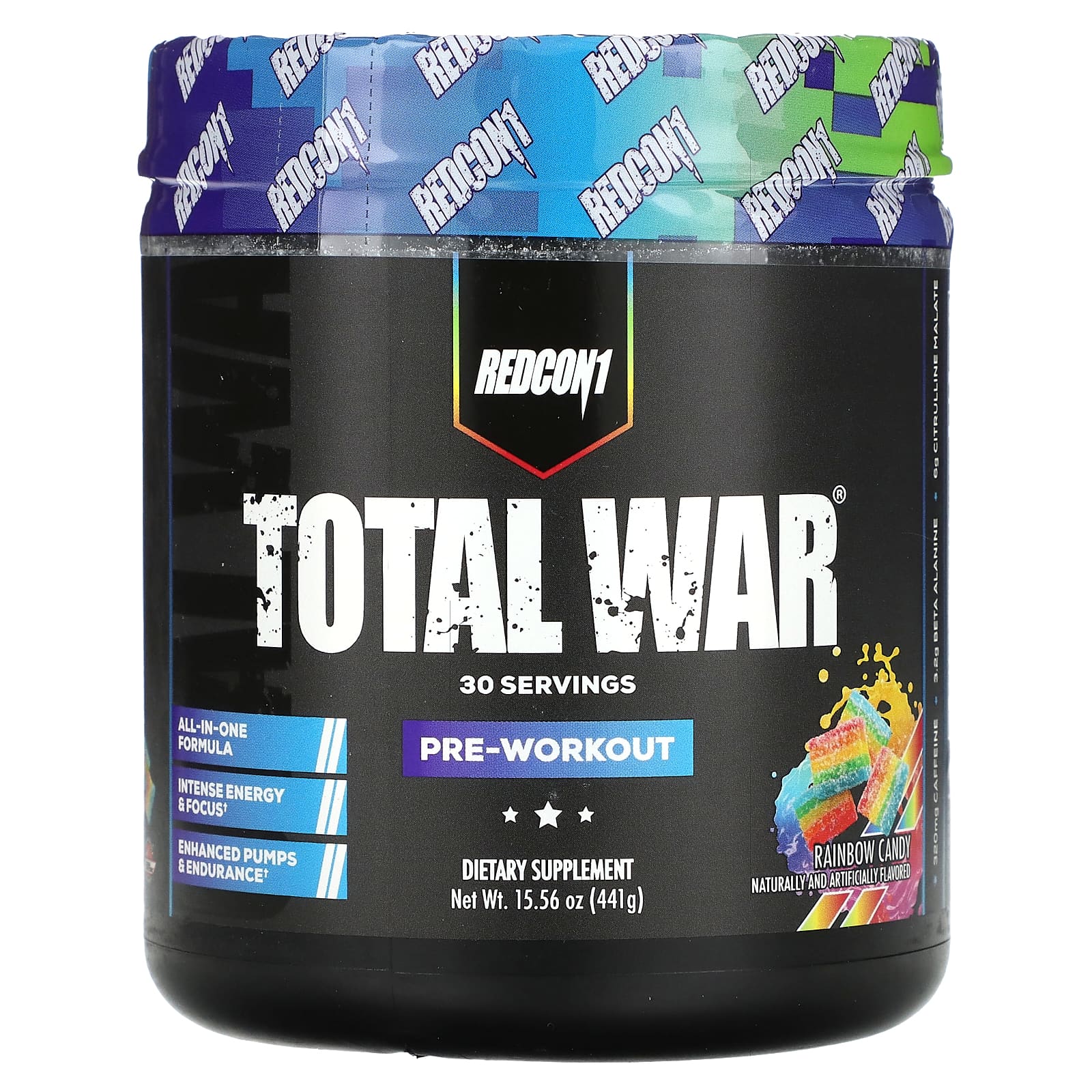 Redcon1, Total War, Pre-Workout, Rainbow Candy, 15.56 oz (441 g) UPC 850004759240 | HiLife Vitamins