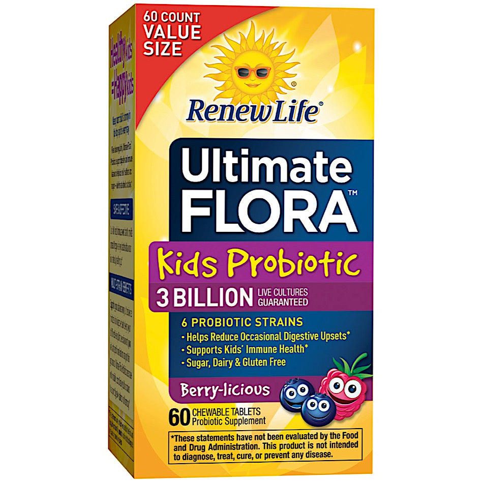 Renew Life, Ultimate Flora Kids Probiotic 3 Billion, berry Flavor, 60 Chewable Tablets UPC 631257157188 | HiLife Vitamins