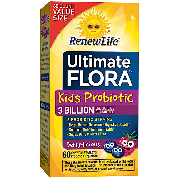 Renew Life, Ultimate Flora Kids Probiotic 3 Billion, berry Flavor, 60 Chewable Tablets - 631257157188 | Hilife Vitamins