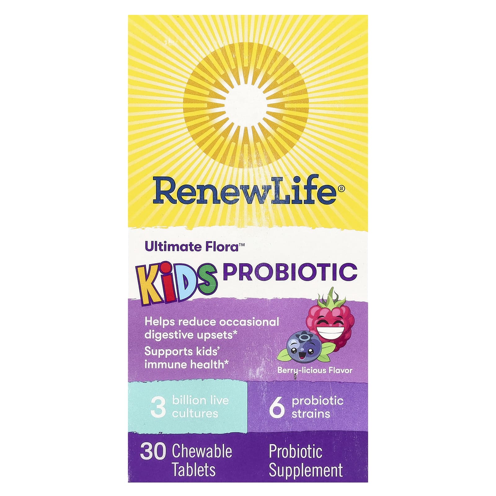 Renew Life, Ultimate Flora Kids Probiotic 3 Billion, 30 Chewables UPC 631257158680 | HiLife Vitamins