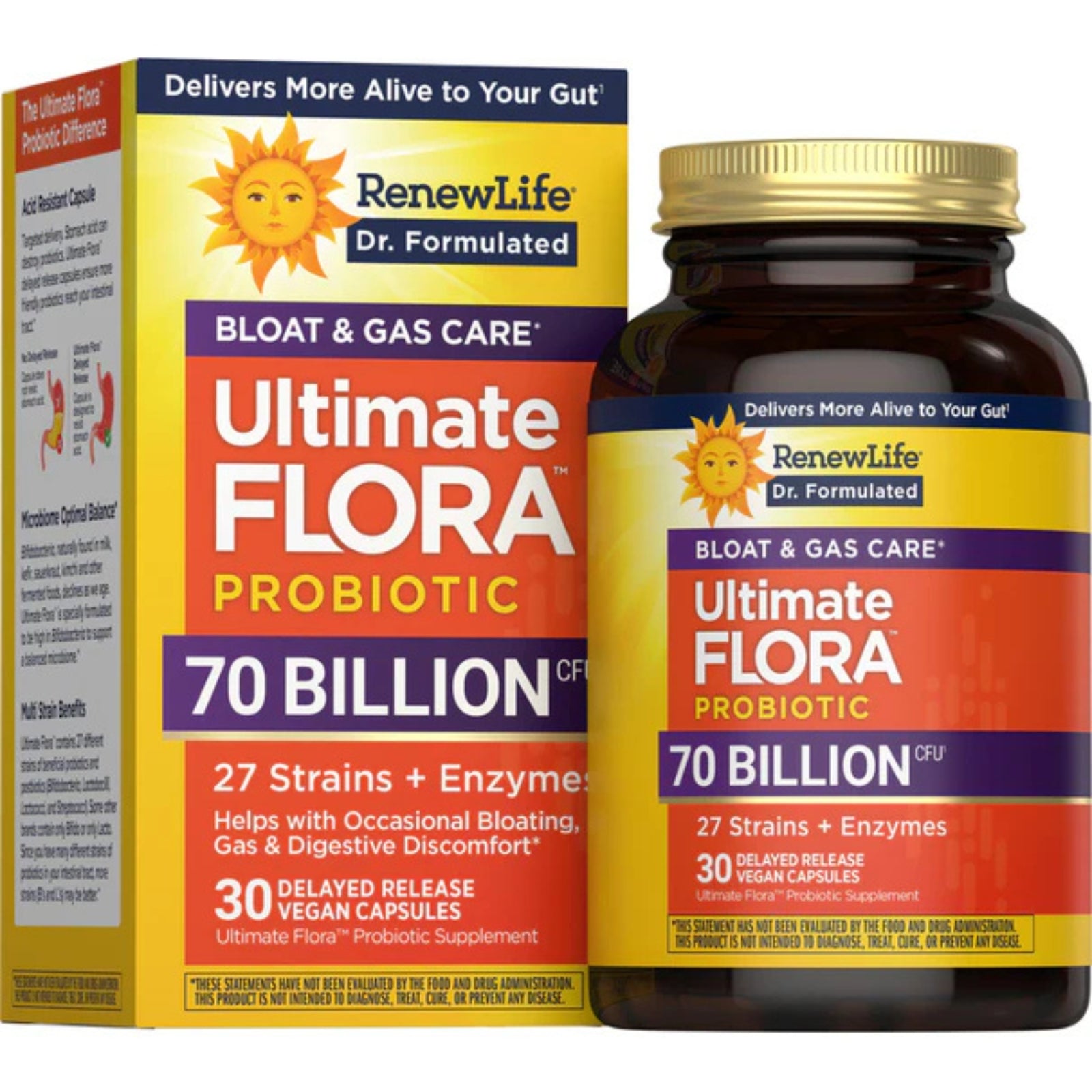 Renew Life, Ultimate Flora Bloat & Gas Probiotic, 70 Billion CFU, 30 Delayed Release Vegan Capsules UPC 850068583256 | HiLife Vitamins