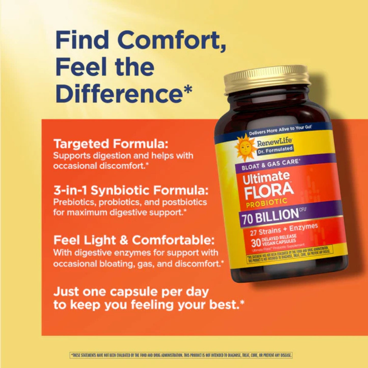 Renew Life, Ultimate Flora Bloat & Gas Probiotic, 70 Billion CFU, 30 Delayed Release Vegan Capsules UPC 850068583256 | HiLife Vitamins