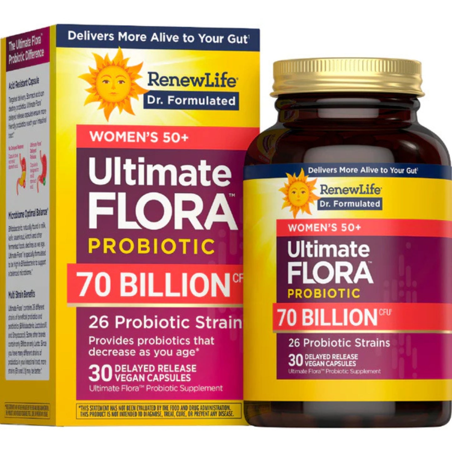 Renew Life, Ultimate Flora Women's 50+ Probiotic, 70 Billion CFU, 30 Delayed Release Vegan Capsules UPC 850068583287 | HiLife Vitamins