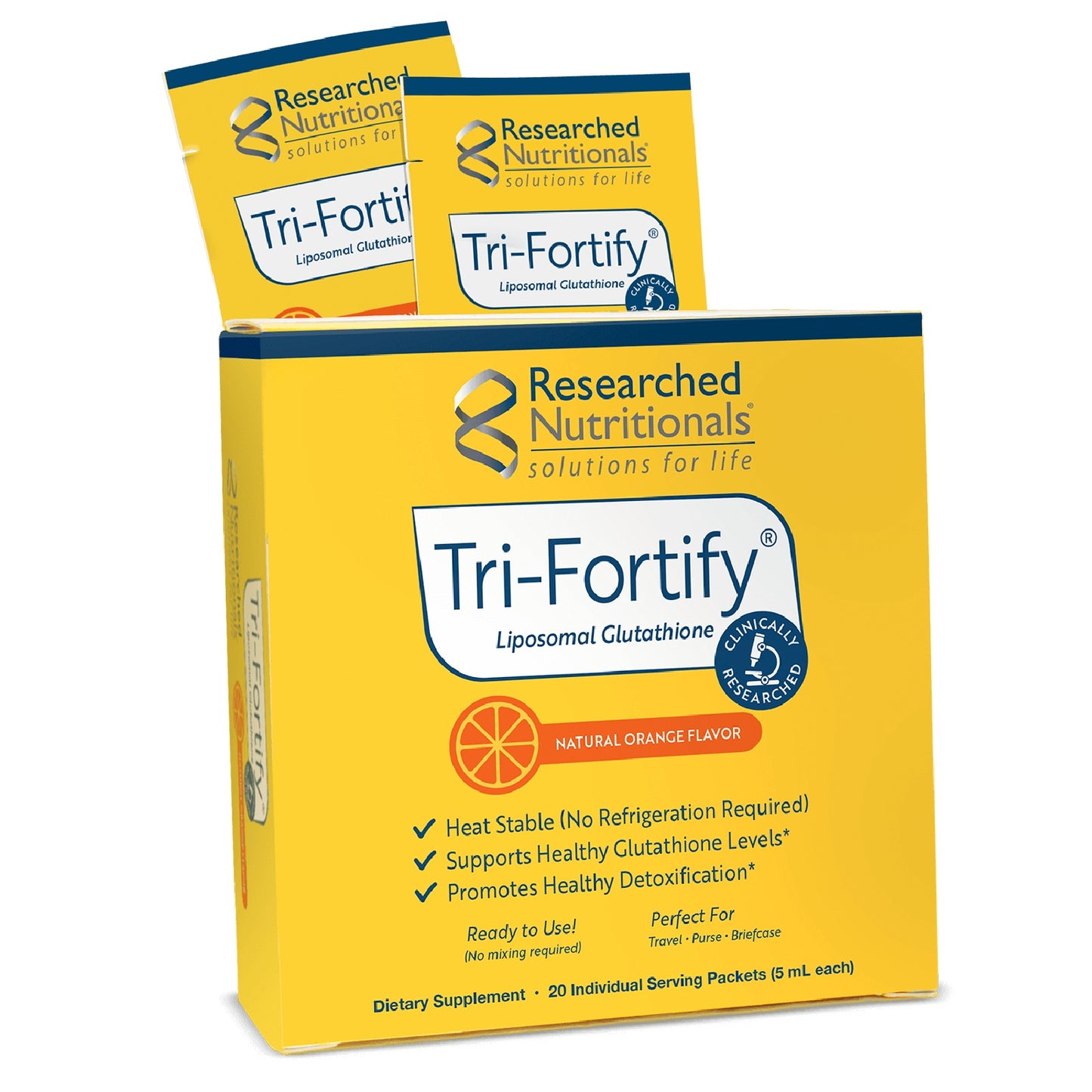 Researched Nutritionals, Tri-Fortify® Liposomal Glutathione, Orange, 20 Pack Box UPC 893295002329 | HiLife Vitamins