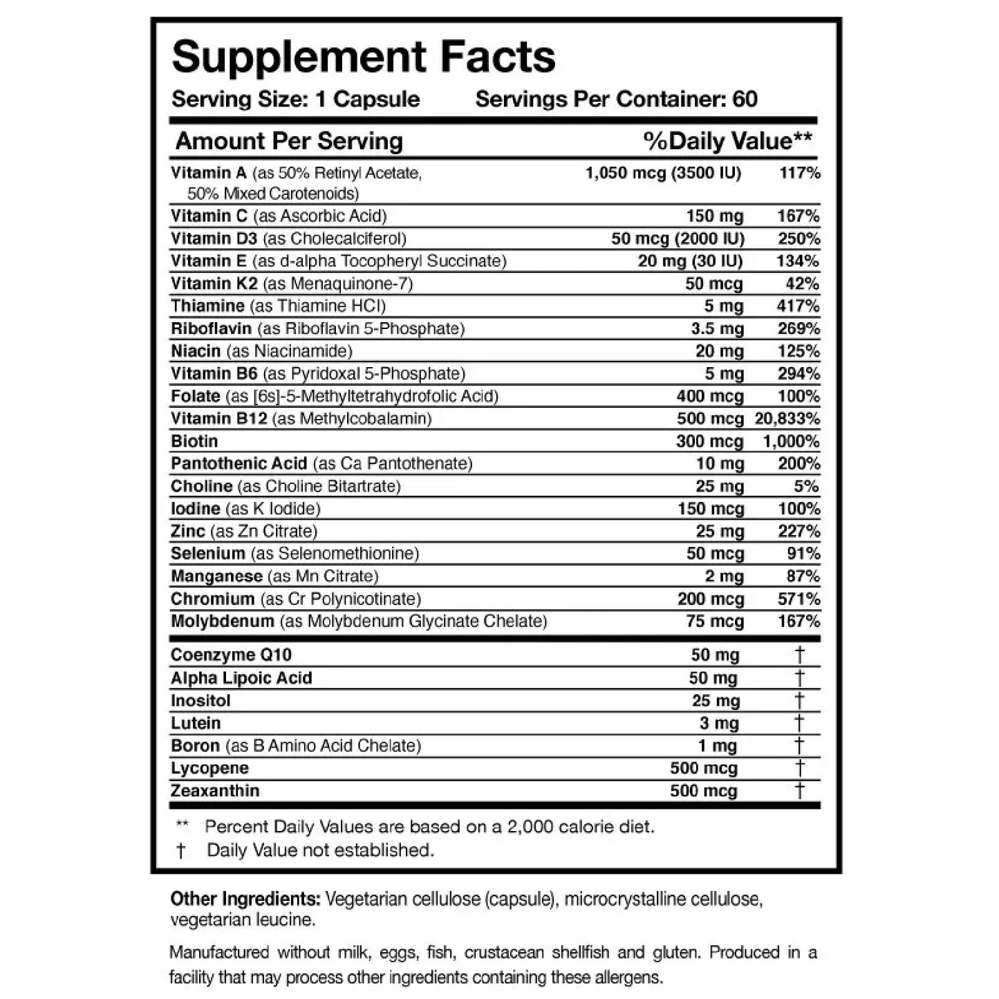 Researched Nutritionals, Physician’s Daily™ Multivitamin + D3, 60 Capsules UPC 893295002435 | HiLife Vitamins